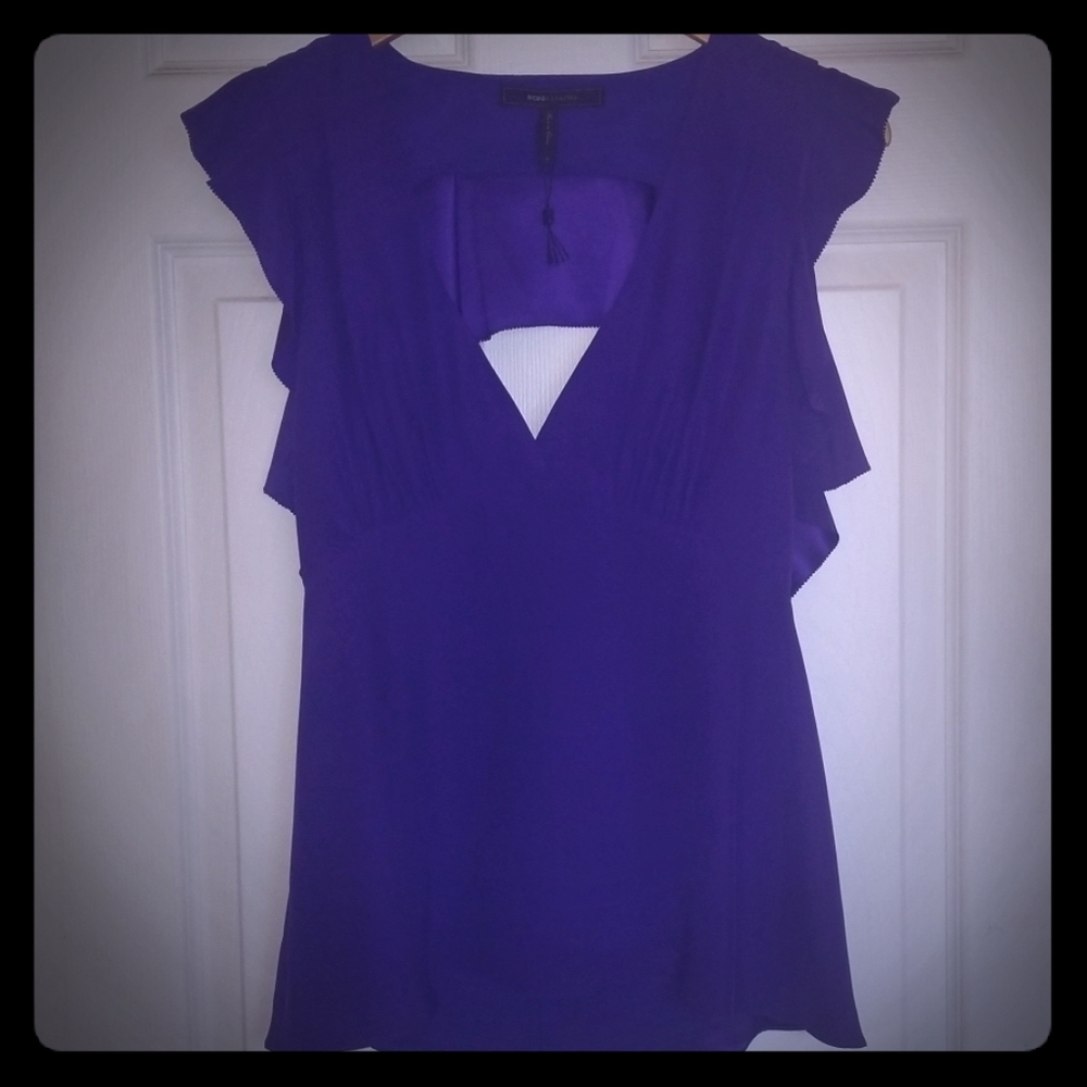 BCBG Max Azria Silk VNeck Ruffle Top - Persian Blu